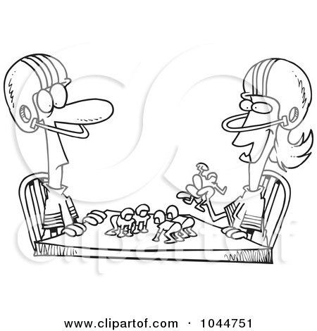 Royalty-Free (RF) Clip Art Illustration of a Cartoon Black And White Outline Design Of A Husband And Wife Playing Table Football by toonaday