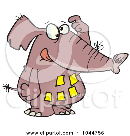 Royalty-Free (RF) Clip Art Illustration of a Cartoon Forgetful Elephant With Notes On His Belly by toonaday