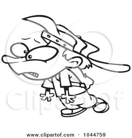 Royalty-Free (RF) Clip Art Illustration of a Cartoon Black And White Outline Design Of A School Boy Dragging His Foot by toonaday