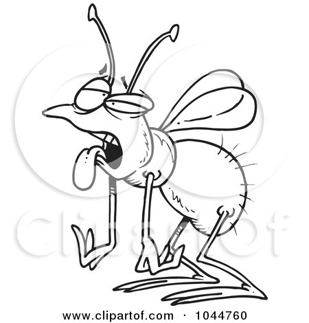 Royalty-Free (RF) Clip Art Illustration of a Cartoon Black And White Outline Design Of A Tired House Fly by toonaday