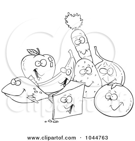 Royalty-Free (RF) Clip Art Illustration of a Cartoon Black And White Outline Design Of A Group Of Foods by toonaday