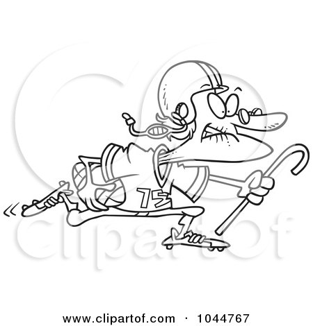 Royalty-Free (RF) Clip Art Illustration of a Cartoon Black And White Outline Design Of A Granny Football Player by toonaday