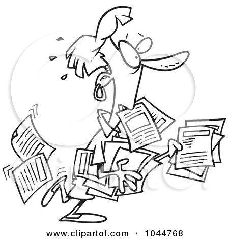Royalty-Free (RF) Clip Art Illustration of a Cartoon Black And White Outline Design Of An Unorganized Woman Carrying Forms by toonaday