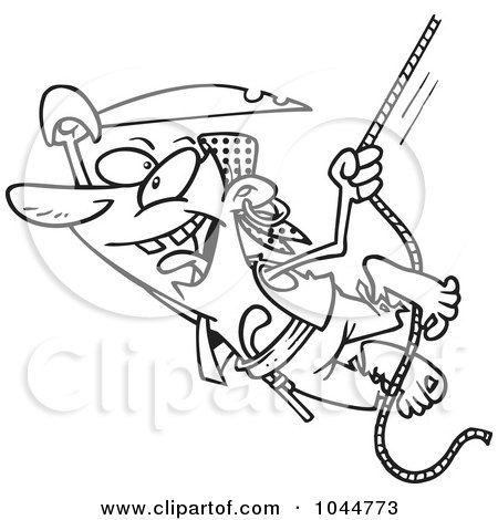 Royalty-Free (RF) Clip Art Illustration of a Cartoon Black And White Outline Design Of An Attacking Pirate Swinging On A Rope by toonaday