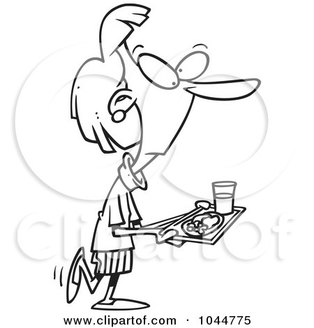 Royalty-Free (RF) Clip Art Illustration of a Cartoon Black And White Outline Design Of A Woman Carrying Cafeteria Food by toonaday