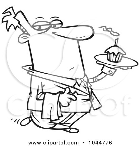Royalty-Free (RF) Clip Art Illustration of a Cartoon Black And White Outline Design Of A Formal Waiter Serving A Cupcake by toonaday
