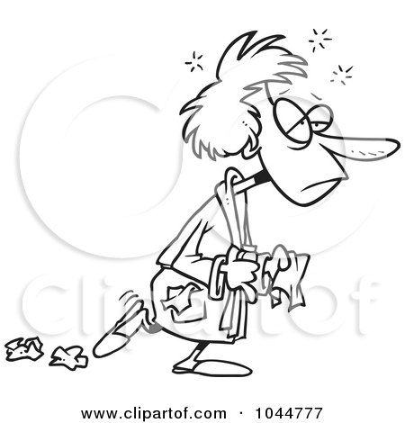 Royalty-Free (RF) Clip Art Illustration of a Cartoon Black And White Outline Design Of A Flu Sick Woman Dropping Tissues by toonaday