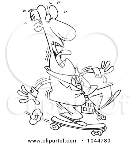 Royalty-Free (RF) Clip Art Illustration of a Cartoon Black And White Outline Design Of A Foolish Businessman Riding A Skateboard by toonaday