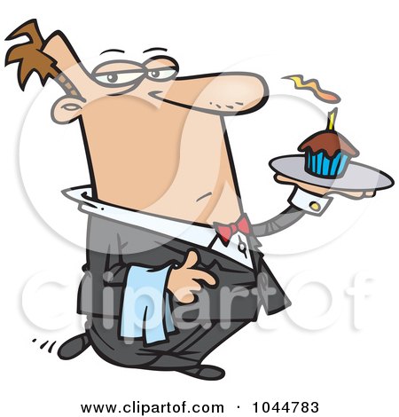 Royalty-Free (RF) Clip Art Illustration of a Cartoon Formal Waiter Serving A Cupcake by toonaday
