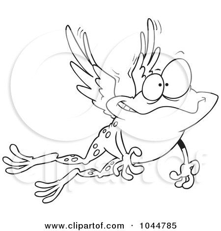 Royalty-Free (RF) Clip Art Illustration of a Cartoon Black And White Outline Design Of A Flying Winged Frog by toonaday