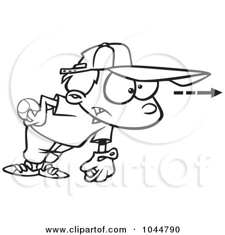 Royalty-Free (RF) Clip Art Illustration of a Cartoon Black And White Outline Design Of A Focused Boy Pitching A Baseball by toonaday