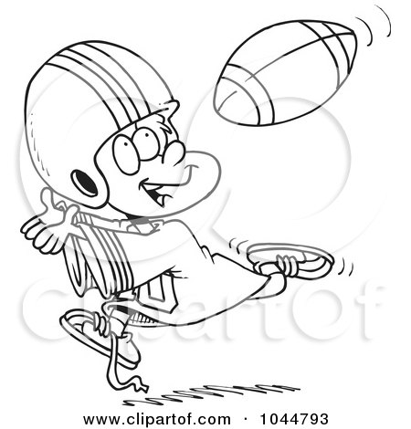 Royalty-Free (RF) Clip Art Illustration of a Cartoon Black And White Outline Design Of A Boy Catching A Football by toonaday