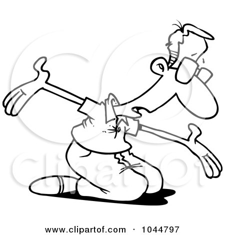 Royalty-Free (RF) Clip Art Illustration of a Cartoon Black And White Outline Design Of A Man Begging For Forgiveness by toonaday