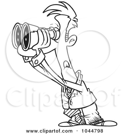 Royalty-Free (RF) Clip Art Illustration of a Cartoon Black And White Outline Design Of A Businessman Viewing The Forecast Through Binoculars by toonaday