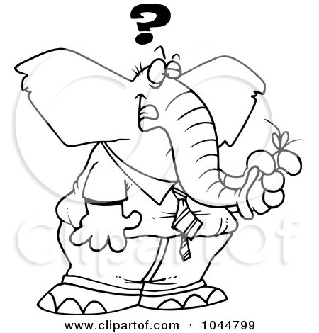 Royalty-Free (RF) Clip Art Illustration of a Cartoon Black And White Outline Design Of A Reminder String On A Forgetful Elephant's Finger by toonaday