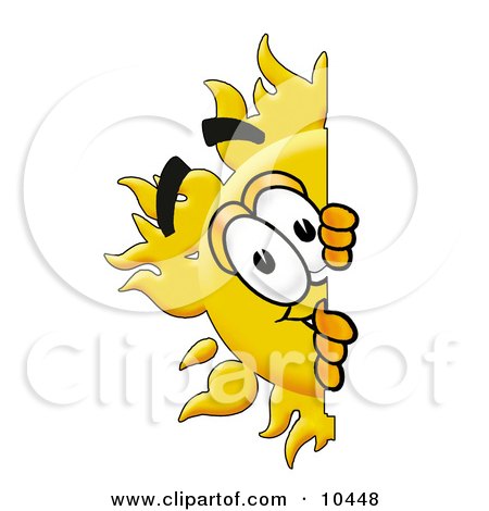 Clipart Picture of a Sun Mascot Cartoon Character Peeking Around a Corner by Mascot Junction