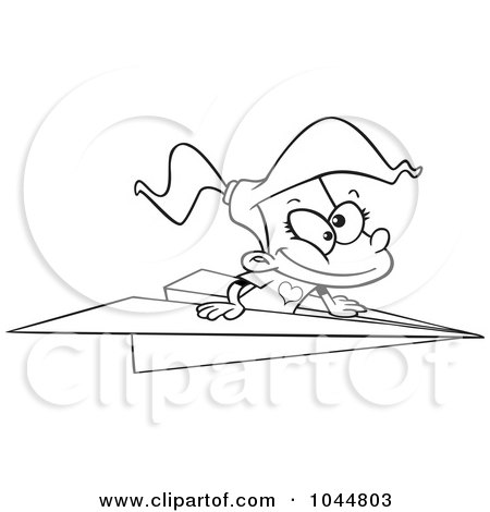 Royalty-Free (RF) Clip Art Illustration of a Cartoon Black And White Outline Design Of A Girl Flying In A Paper Plane by toonaday