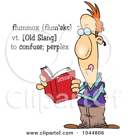 Royalty-Free (RF) Clip Art Illustration of a Cartoon Man Reading The Definition Of Flummox In The Dictionary by toonaday