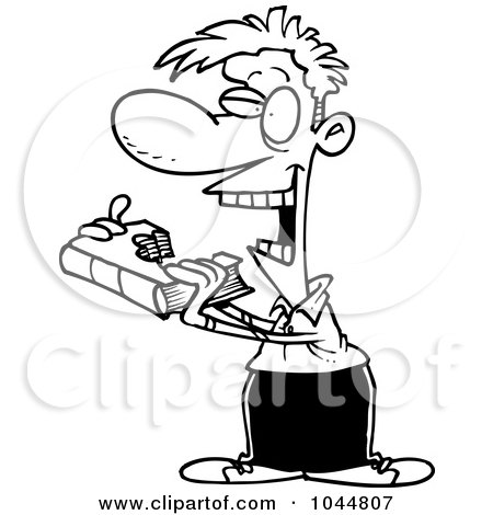 Royalty-Free (RF) Clip Art Illustration of a Cartoon Black And White Outline Design Of A Man Taking A Bite Out Of A Book by toonaday