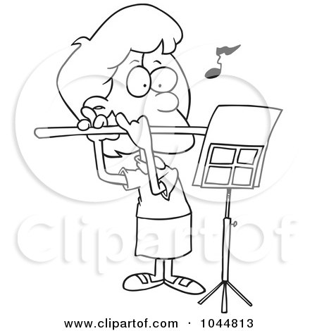 Royalty-Free (RF) Clip Art Illustration of a Cartoon Black And White Outline Design Of A Flautist Girl by toonaday