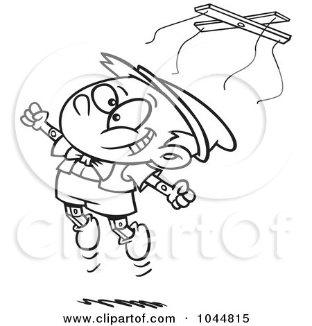 Royalty-Free (RF) Clip Art Illustration of a Cartoon Black And White Outline Design Of A Free Wooden Puppet Boy Jumping by toonaday