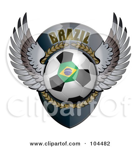 Royalty-Free (RF) Clipart Illustration of a Winged Brazilian Soccer Ball Crest by stockillustrations