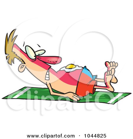 Royalty-Free (RF) Clip Art Illustration of a Cartoon Sun Burned Man With A Fried Egg On His Belly by toonaday