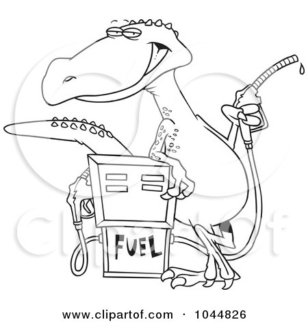 Royalty-Free (RF) Clip Art Illustration of a Cartoon Black And White Outline Design Of A Dinosaur Standing By A Gas Pump by toonaday
