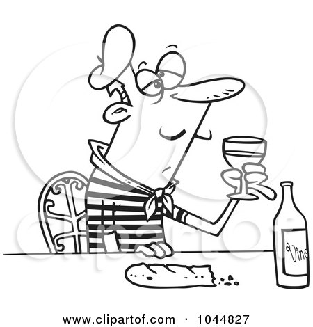 Royalty-Free (RF) Clip Art Illustration of a Cartoon Black And White Outline Design Of A French Man With Wine And Bread by toonaday
