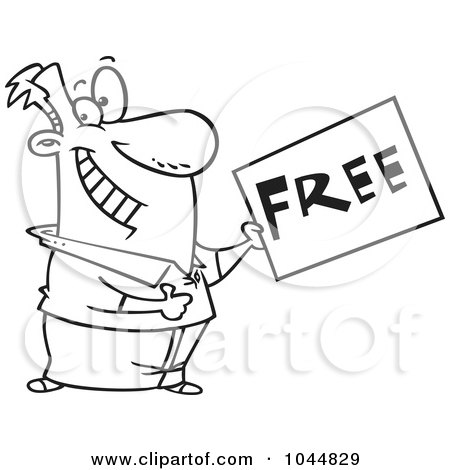 Royalty-Free (RF) Clip Art Illustration of a Cartoon Black And White Outline Design Of A Man Holding A Free Sign by toonaday
