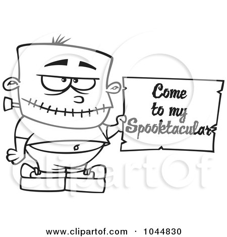 Royalty-Free (RF) Clip Art Illustration of a Cartoon Black And White Outline Design Of A Frankenstein Boy Holding A Come To My Spooktacular Party Sign by toonaday