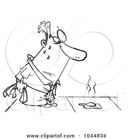Royalty-Free (RF) Clip Art Illustration of a Cartoon Black And White Outline Design Of A Hot Man Watching An Egg Fry On A Sidewalk by toonaday