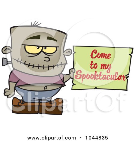 Royalty-Free (RF) Clip Art Illustration of a Cartoon Frankenstein Boy Holding A Come To My Spooktacular Party Sign by toonaday