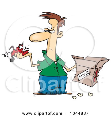 Royalty-Free (RF) Clip Art Illustration of a Cartoon Man Holding A Fragile Item And Mangled Box by toonaday