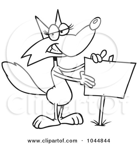 Royalty-Free (RF) Clip Art Illustration of a Cartoon Black And White Outline Design Of A Fox Presenting A Blank Sign by toonaday