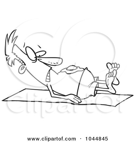 Royalty-Free (RF) Clip Art Illustration of a Cartoon Black And White Outline Design Of A Sun Burned Man With A Fried Egg On His Belly by toonaday