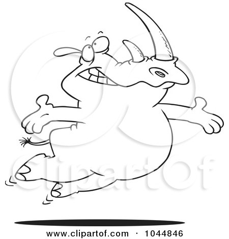 Royalty-Free (RF) Clip Art Illustration of a Cartoon Black And White Outline Design Of A Free Rhino Jumping by toonaday