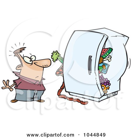 Royalty-Free (RF) Clip Art Illustration of a Cartoon Man Standing Before A Packed Refrigerator by toonaday