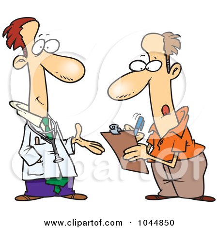 Royalty-Free (RF) Clip Art Illustration of a Cartoon Doctor Talking To A Patient Filling Out Forms by toonaday
