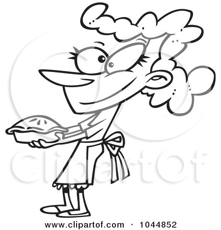 Royalty-Free (RF) Clip Art Illustration of a Cartoon Black And White Outline Design Of A Woman Holding Out A Fresh Pie by toonaday