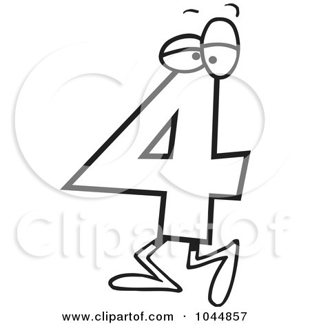 Royalty-Free (RF) Clip Art Illustration of a Cartoon Black And White Outline Design Of A Number Four 4 Character by toonaday