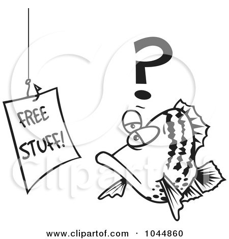 Royalty-Free (RF) Clip Art Illustration of a Cartoon Black And White Outline Design Of A Fish Staring At A Free Stuff Sign by toonaday