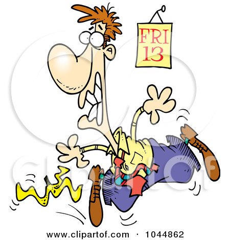 Royalty-Free (RF) Clip Art Illustration of a Cartoon Man Slipping On A Banana Peel On Friday The 13th by toonaday