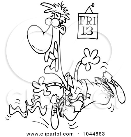 Royalty-Free (RF) Clip Art Illustration of a Cartoon Black And White Outline Design Of A Man Slipping On A Banana Peel On Friday The 13th by toonaday