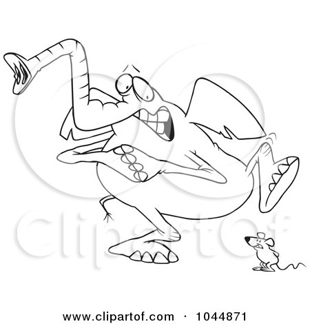 Royalty-Free (RF) Clip Art Illustration of a Cartoon Black And White Outline Design Of A Mouse Scaring An Elephant by toonaday