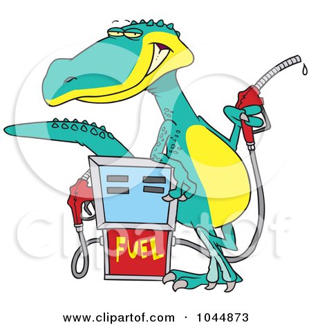 Royalty-Free (RF) Clip Art Illustration of a Cartoon Dinosaur Standing By A Gas Pump by toonaday