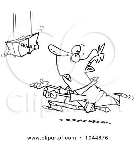 Royalty-Free (RF) Clip Art Illustration of a Cartoon Black And White Outline Design Of A Man Running To Catch A Fragile Package by toonaday