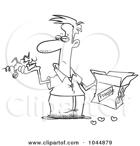 Royalty-Free (RF) Clip Art Illustration of a Cartoon Black And White Outline Design Of A Man Holding A Fragile Item And Mangled Box by toonaday