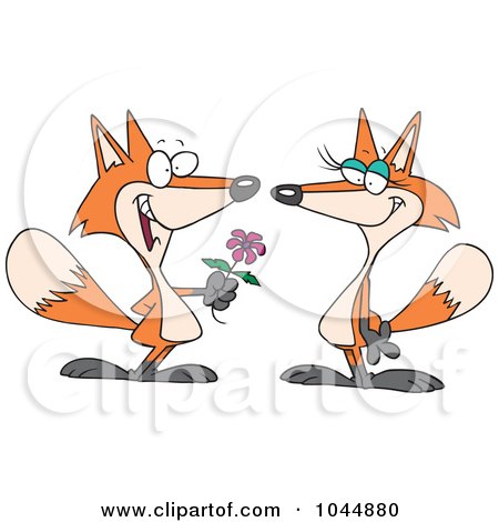 Royalty-Free (RF) Clip Art Illustration of a Cartoon Romantic Fox Giving His Mate A Flower by toonaday