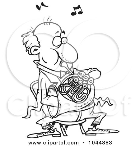 Royalty-Free (RF) Clip Art Illustration of a Cartoon Black And White Outline Design Of A Man Blowing Into A French Horn by toonaday
